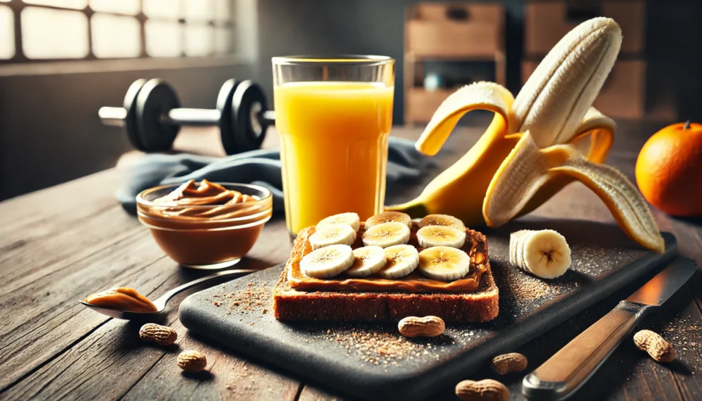 A pre-workout meal of whole grain toast topped with peanut butter and banana slices, paired with a glass of fresh orange juice, placed in a well-lit, modern kitchen, radiating energy and vitality.