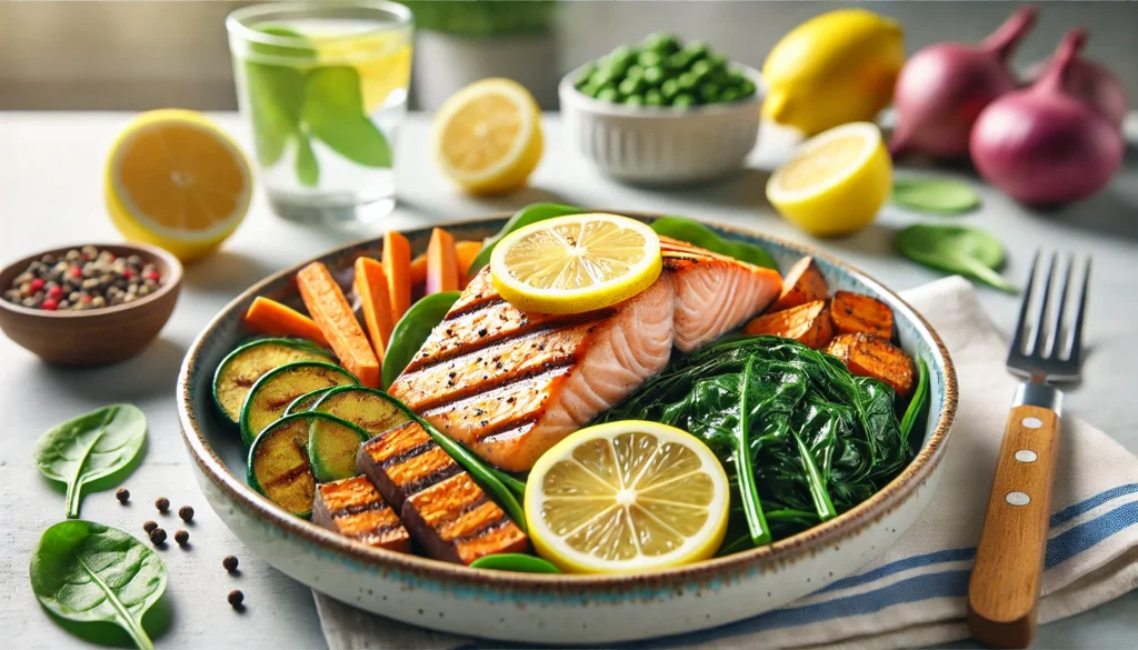 A vibrant pre-workout meal consisting of grilled salmon, roasted sweet potatoes, and sautéed spinach, garnished with fresh lemon slices. The softly blurred background depicts a modern, health-focused kitchen.