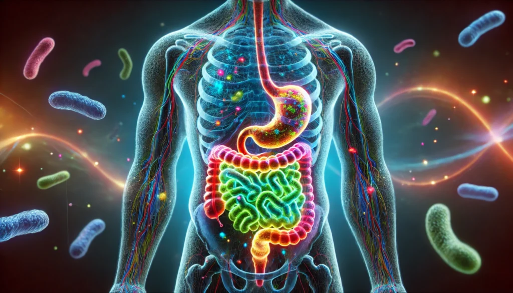 A futuristic medical-style illustration of the human digestive system, glowing with vibrant microbiome activity. The intestines appear semi-transparent, revealing a thriving ecosystem of diverse gut bacteria in bright, healthy colors, emphasizing the link between gut health, fiber consumption, and sports performance.