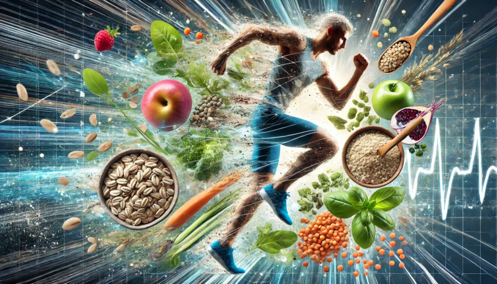 A dynamic representation of a runner in motion, fueled by fiber-rich foods like oatmeal, lentils, and leafy greens, symbolizing endurance, sustained energy, and peak athletic performance.