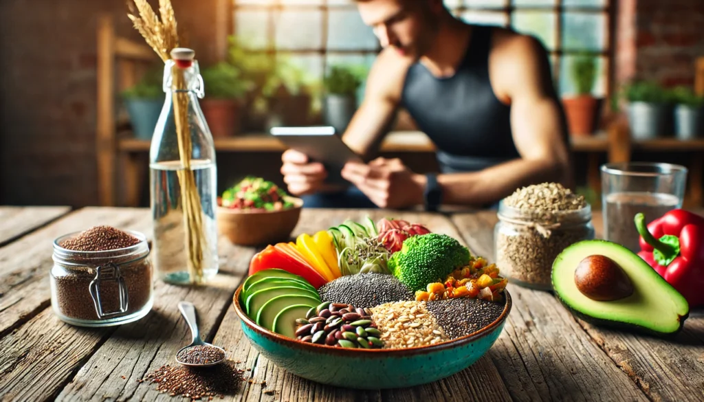 A close-up of a fiber-rich post-workout meal featuring quinoa, avocado, chia seeds, and colorful vegetables on a rustic wooden table, with an athlete in the background enjoying a recovery meal for optimal regeneration.