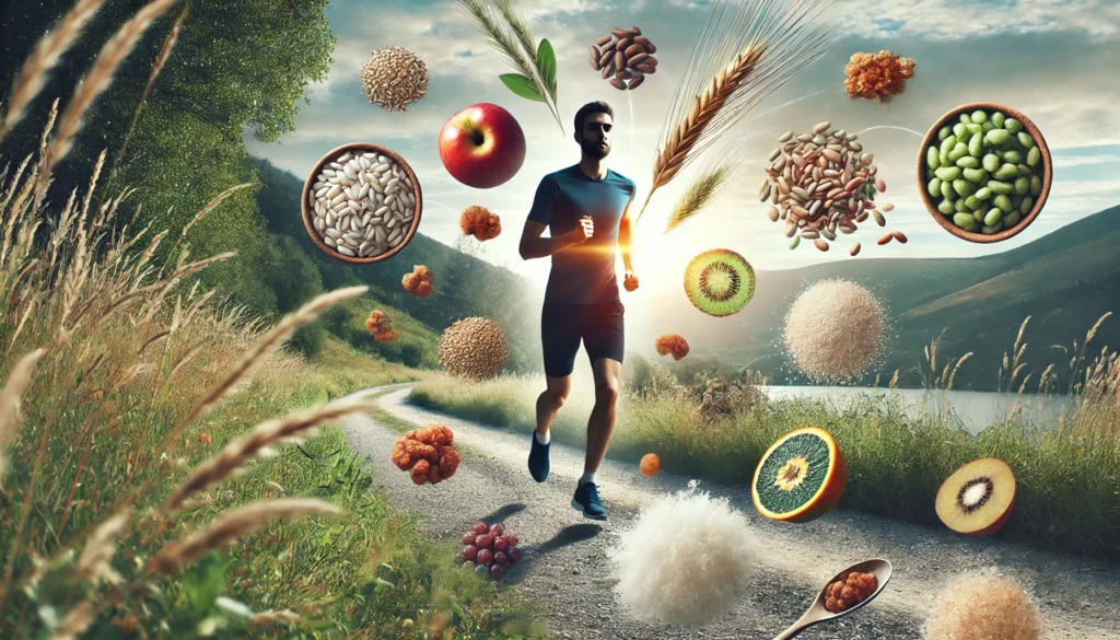 An athlete running through a scenic outdoor trail, surrounded by subtle visual elements of fiber-rich foods like floating grains, fruits, and nuts, symbolizing fiber’s support for endurance and recovery.