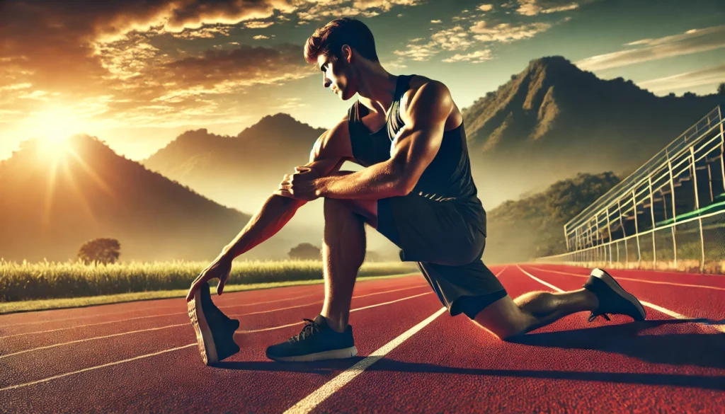 A high-performance athlete stretching on a track at sunrise, symbolizing muscle recovery and flexibility. The serene natural background represents regeneration and balance.