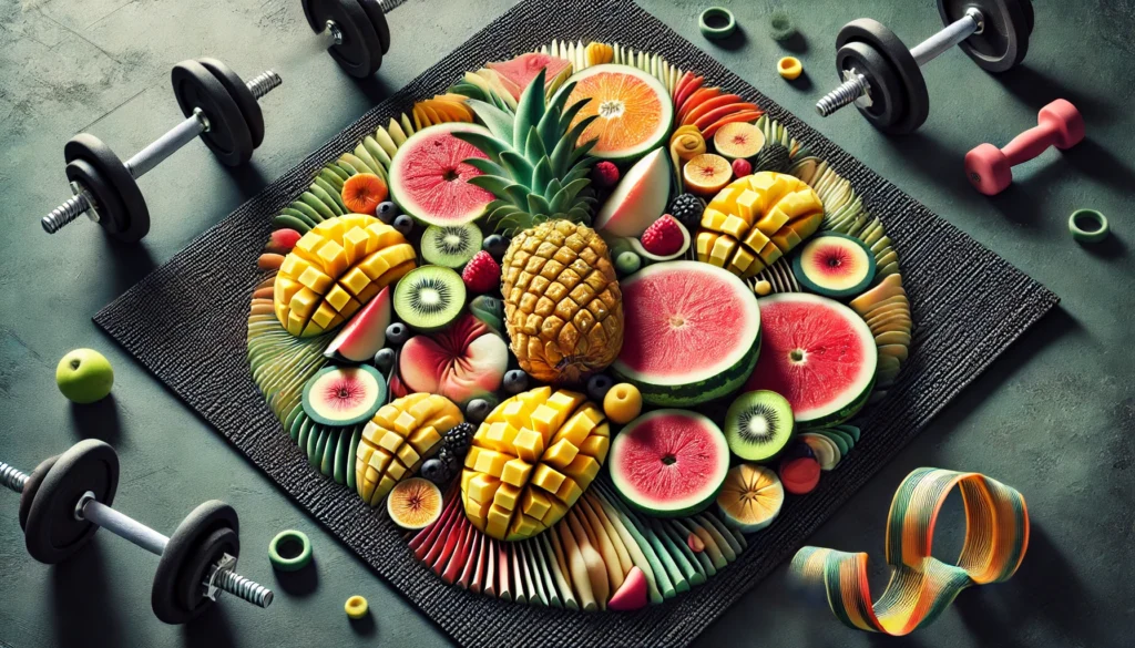  A dynamic display of sliced tropical fruits like pineapples, mangoes, and watermelons, creatively arranged on a fitness mat, with a pair of dumbbells subtly reinforcing the theme of athletic nutrition and recovery.