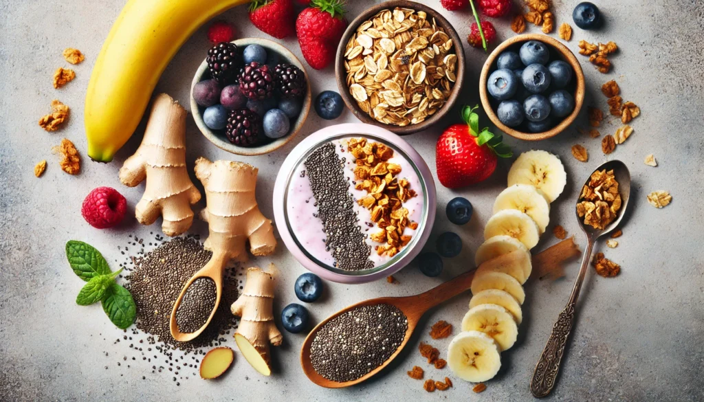 An overhead shot of a colorful smoothie made with digestion-friendly ingredients like banana, ginger, yogurt, and berries, topped with granola and chia seeds, emphasizing its nutrient density and athletic recovery benefits.