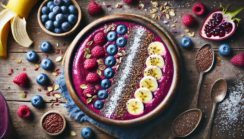 A top-down view of a nutrient-packed smoothie bowl filled with a deep purple berry blend, topped with banana slices, chia seeds, flaxseeds, granola, and coconut flakes, surrounded by fresh blueberries and raspberries.