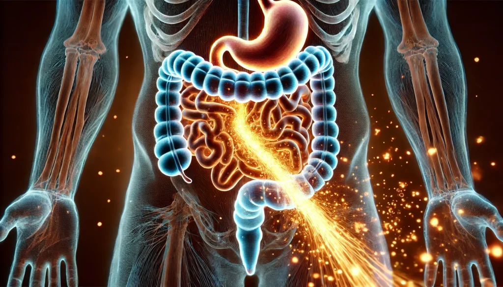 A scientific visualization of the digestive system with a glowing pathway illustrating the slow breakdown of fiber-rich foods, highlighting prolonged satiety and nutrient absorption.