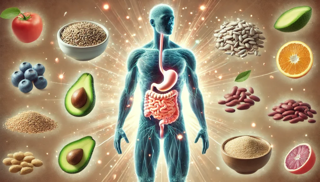 A conceptual illustration of a glowing digestive system within a fit, athletic human silhouette, surrounded by floating fiber-rich foods, highlighting the link between fiber, digestion, and performance enhancement.