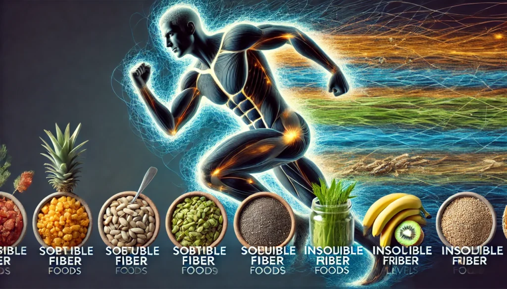 A dynamic image showcasing an athlete energized by a well-balanced diet featuring soluble fiber foods like bananas and legumes, alongside insoluble fiber foods like whole grains and vegetables.