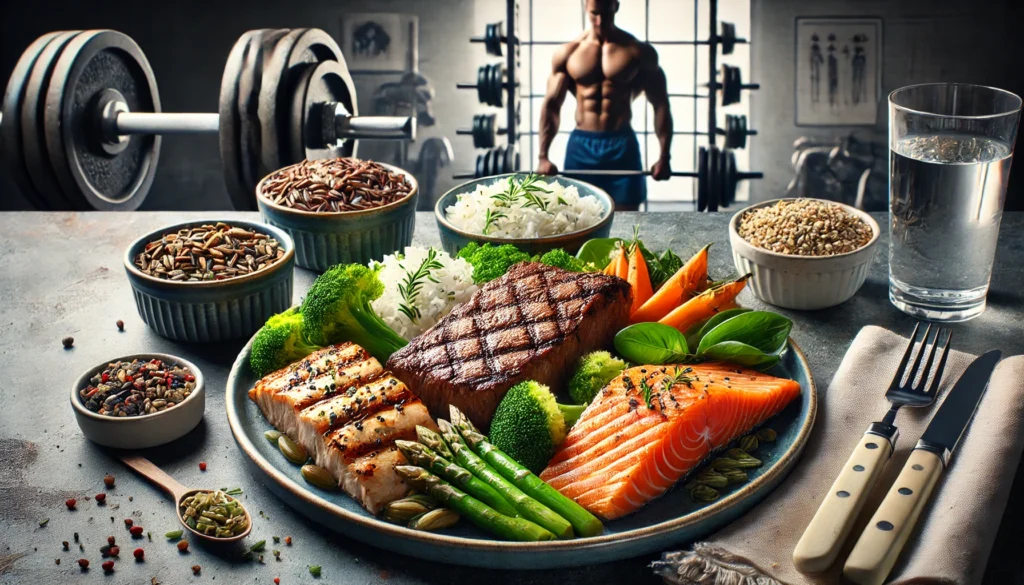 "A visually appealing plate of high-protein meat dishes featuring grilled steak, roasted chicken breast, and seared salmon, served with steamed vegetables and healthy grains on a stylish dining table with a fitness-themed background."