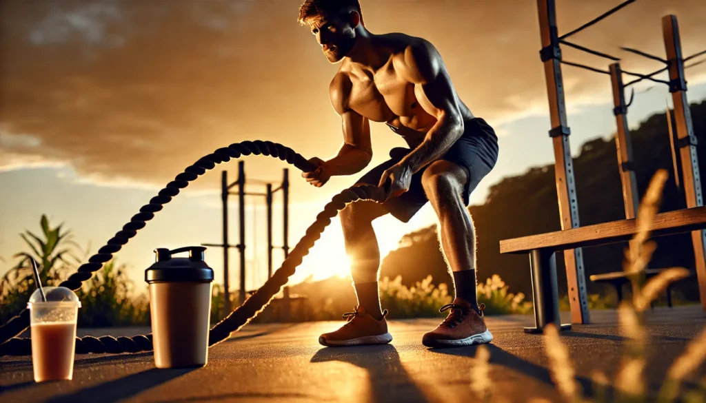 "A male athlete performing battle ropes exercises outdoors at sunset, with a protein shake on a bench beside him, highlighting energy, endurance, and athletic recovery."