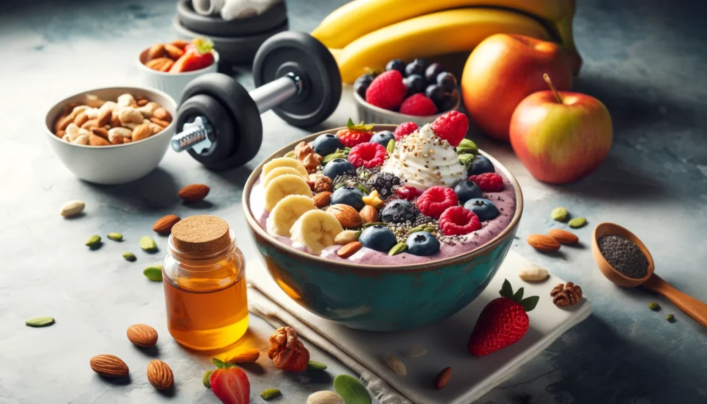 A nutrient-dense smoothie bowl designed for muscle recovery, filled with Greek yogurt, bananas, berries, and protein powder, topped with nuts, seeds, and honey. The setting includes fresh fruits, a dumbbell, and a shaker bottle, reinforcing a fitness-focused diet.