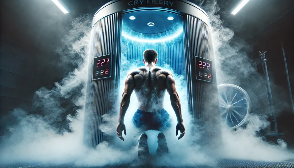 "A high-tech cryotherapy chamber enveloping a muscular athlete in cooling mist, representing advanced muscle recovery and deep athletic regeneration."