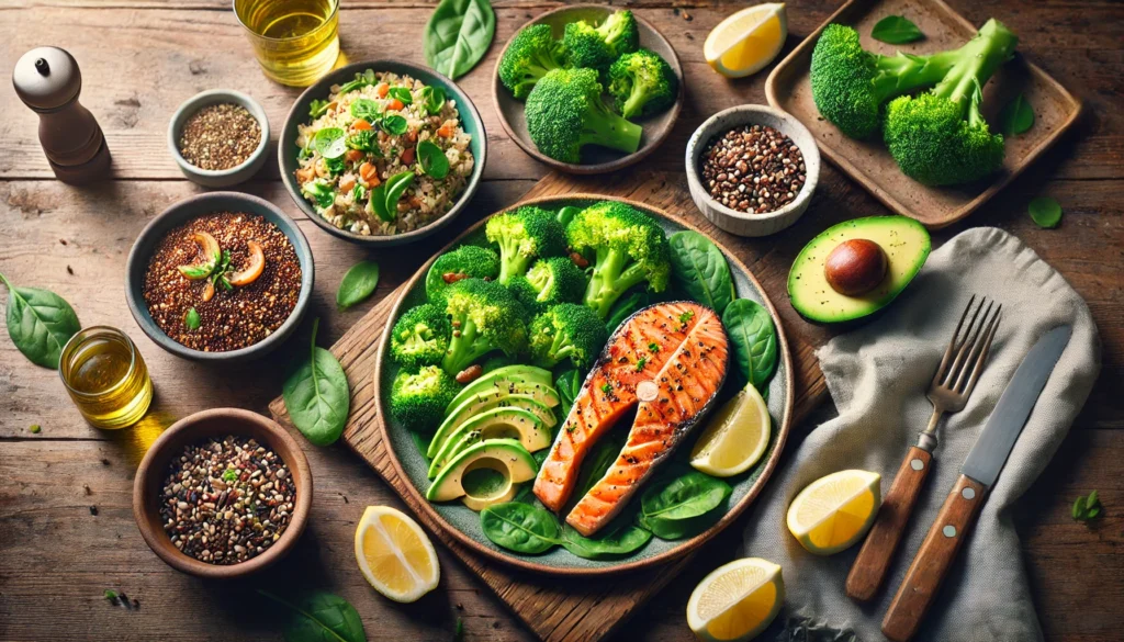 A nutritious post-workout meal featuring grilled salmon, quinoa, avocado slices, and steamed broccoli, plated with fresh herbs and lemon slices on a rustic wooden table.