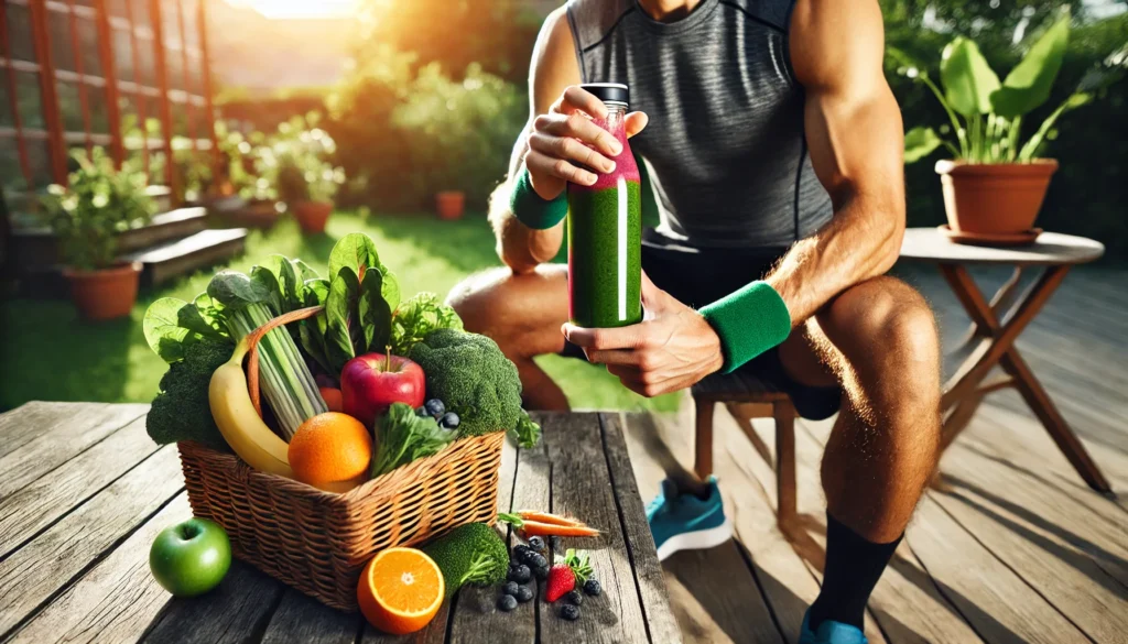 "An action shot of an athlete hydrating with a bright green anti-inflammatory smoothie post-workout, standing outdoors in natural light with a basket of fresh anti-inflammatory foods in the background."