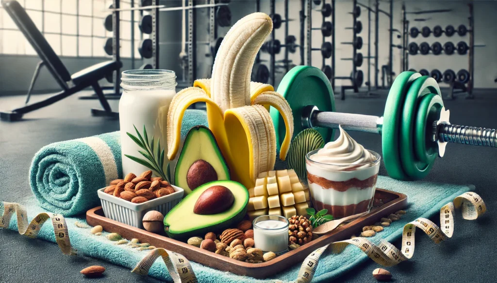 A visually striking composition of a peeled banana along with nuts, yogurt, and avocado on a sports towel, set against a blurred gym background to highlight balanced nutrition for muscle function.