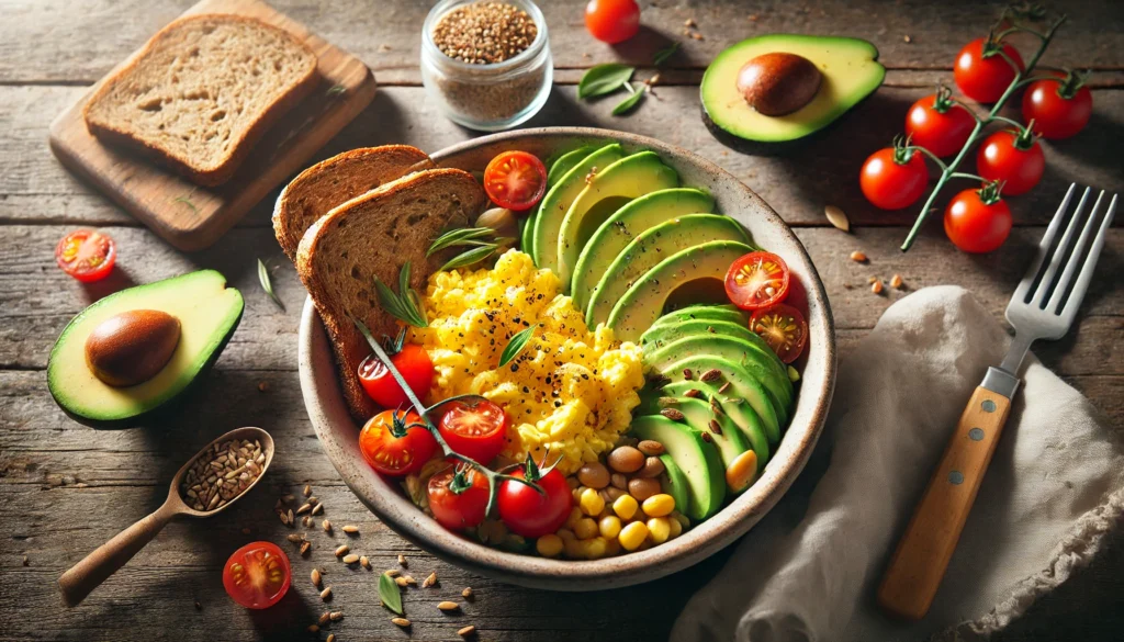 A muscle-building breakfast bowl containing scrambled eggs, avocado slices, whole grain toast, and cherry tomatoes, arranged on a wooden table with warm natural light highlighting the fresh ingredients.

