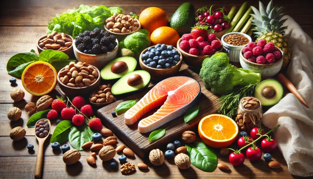 A vibrant assortment of super healing foods, including salmon, avocado, berries, nuts, leafy greens, and citrus fruits, beautifully arranged on a wooden table with natural lighting, highlighting their freshness and nutrient-rich properties for athletic recovery.