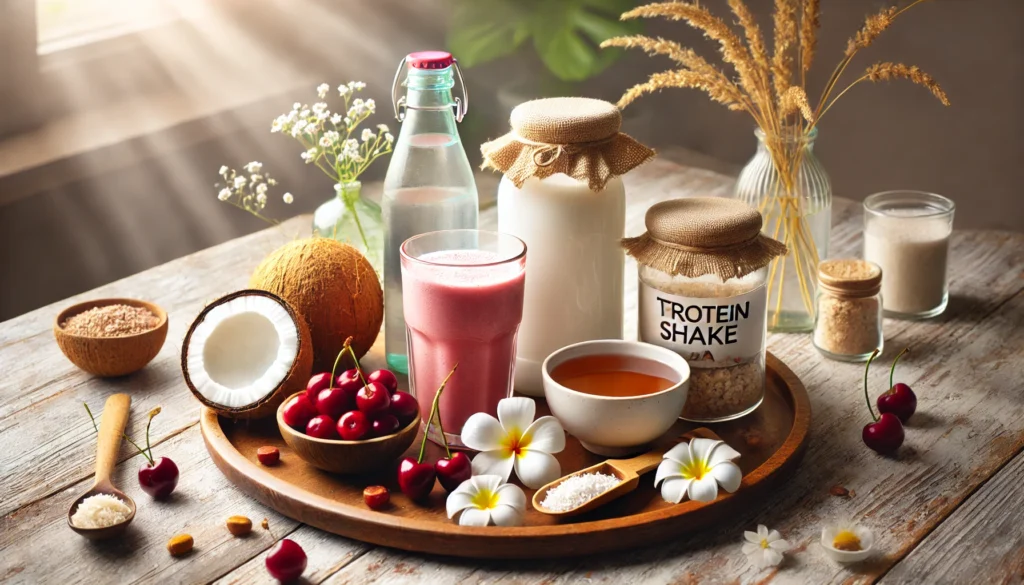 A beautifully arranged spread of hydration-focused beverages for muscle recovery, featuring coconut water, tart cherry juice, a protein shake, and chamomile tea on a wooden tray.