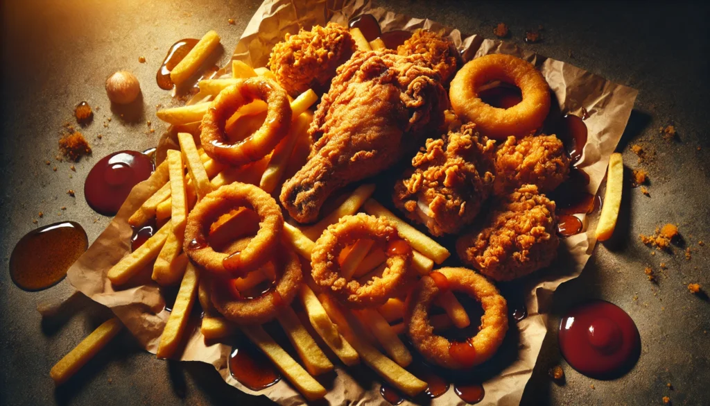 "Deep-fried foods, including fried chicken, onion rings, and French fries, served on a greasy paper wrapper, emphasizing their excessive oil content and negative impact on muscle building and athletic recovery."