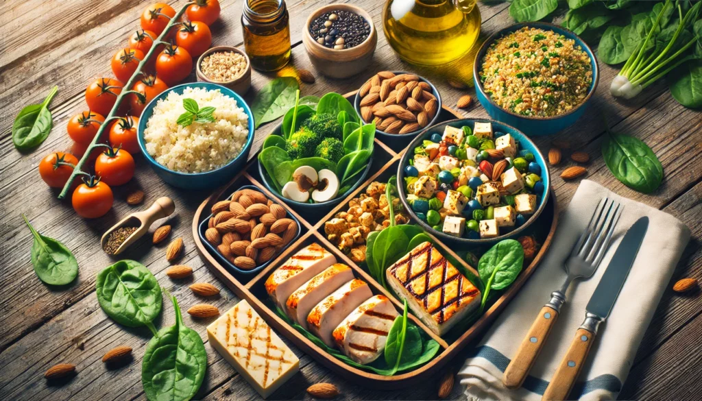 "A vibrant meal prep arrangement designed for muscle recovery, showcasing high-protein meals such as grilled chicken, tofu, spinach, quinoa, and healthy fats like almonds and olive oil, set on a rustic wooden table with natural lighting."