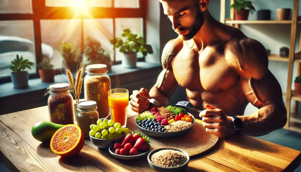 fit athlete enjoying a high-carb meal for muscle recovery at a modern dining table, featuring whole grains, legumes, and fresh fruits, illuminated by natural light for a warm and inviting feel.