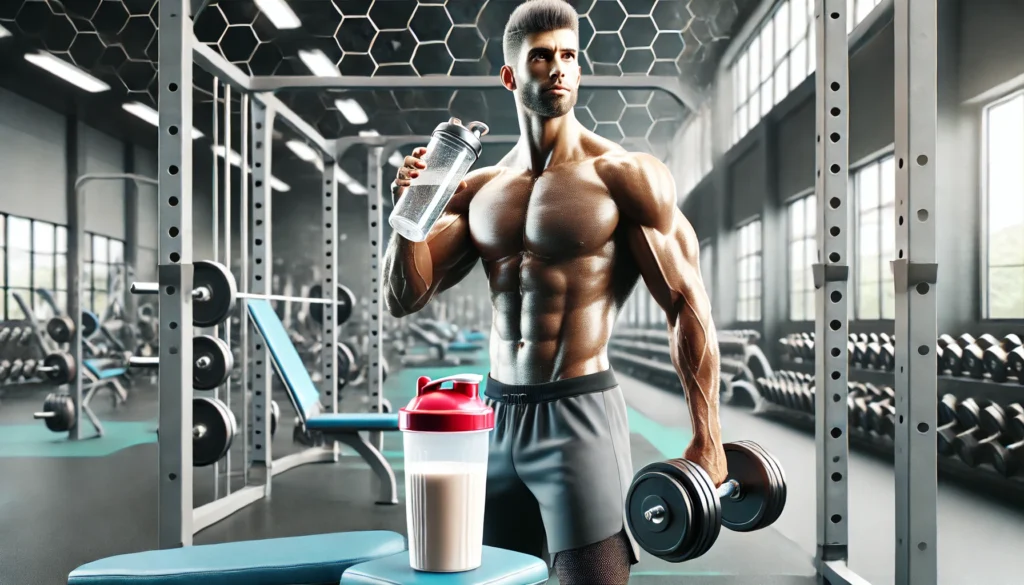 "A muscular athlete lifting weights in a modern gym, with a protein shake and water bottle nearby, highlighting post-workout recovery and nutrition for muscle growth."