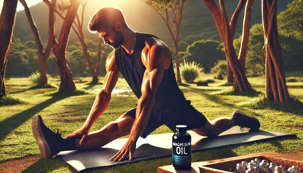 "A professional athlete stretching on a yoga mat in a serene outdoor setting, surrounded by lush greenery. The warm sunlight highlights muscle relaxation and post-workout recovery, with a bottle of magnesium oil nearby, subtly suggesting its role in easing muscle tension."