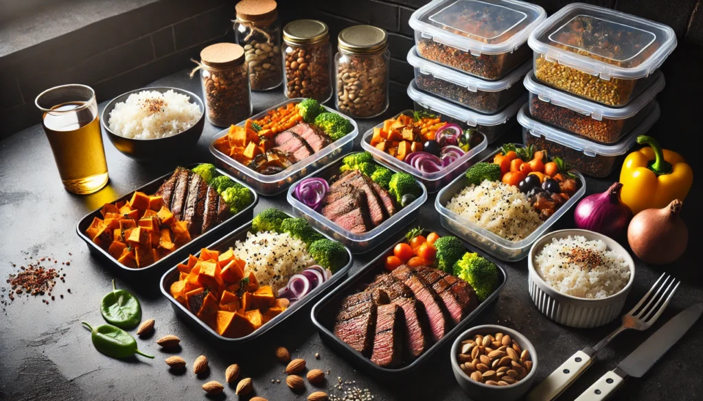  A well-prepared meal prep setup featuring high-calorie foods for muscle gain, including quinoa, sweet potatoes, grilled steak, rice, and mixed nuts, arranged in meal containers on a dark kitchen countertop.