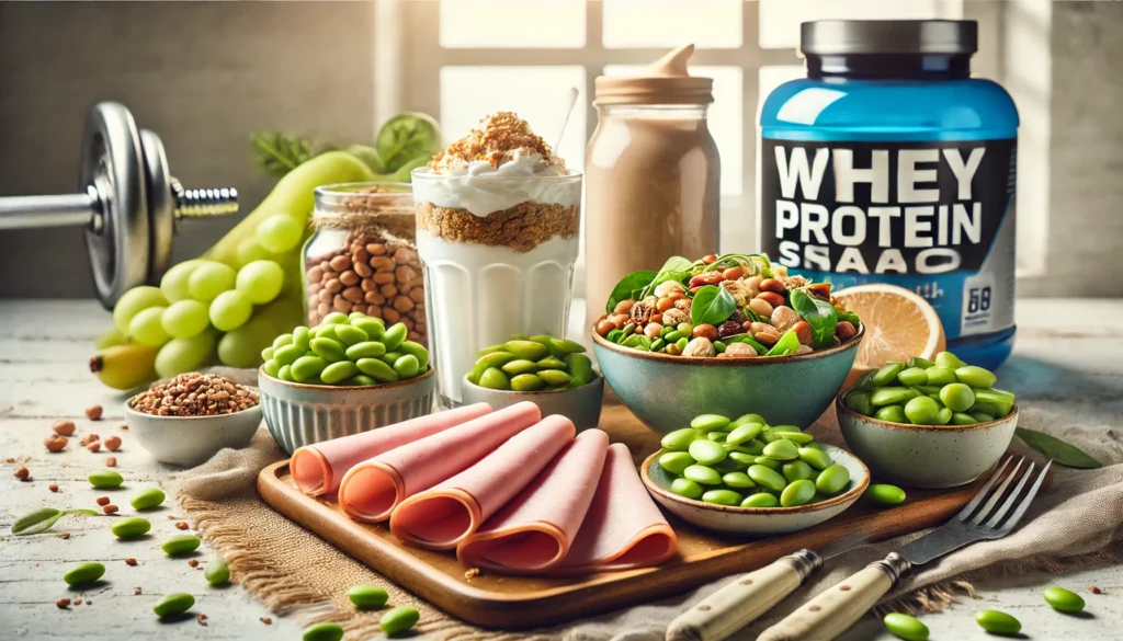 A visually appealing bodybuilding snack spread, showcasing sliced lean turkey, edamame beans, Greek yogurt with granola, a bowl of quinoa salad, and a whey protein shake. The bright, airy background enhances the freshness and protein-packed nature of the meal.