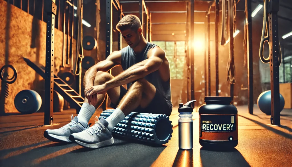 "A muscular athlete using a foam roller on their legs after an intense workout in a gym setting. Nearby, a water bottle and a container of protein powder highlight hydration and supplementation for faster muscle recovery. The gym equipment and warm ambient lighting create a calm yet energetic post-exercise atmosphere."