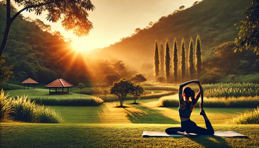 "An athlete practicing yoga on a grass field during sunset, performing deep stretching poses for muscle pain relief and faster recovery. The serene outdoor setting with trees and rolling hills enhances the calming effect of natural recovery methods."