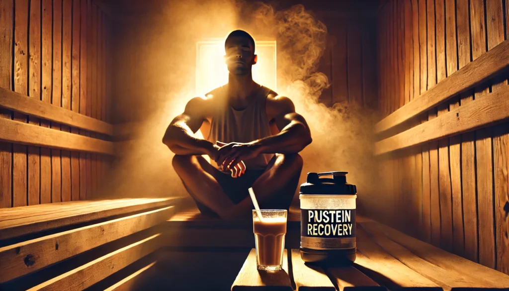 A serene recovery scene with an athlete in a sauna, relaxing after an intense workout. The warm lighting and steam emphasize muscle relaxation and recovery, with a protein shake placed nearby to highlight the holistic approach to muscle repair.