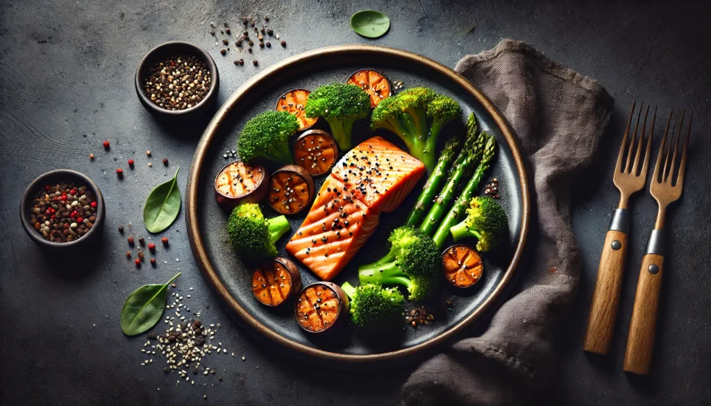 "A picturesque serving of grilled salmon with roasted sweet potatoes, steamed broccoli, and sesame seeds, showcasing a nutrient-rich meal ideal for joint recovery and inflammation reduction."