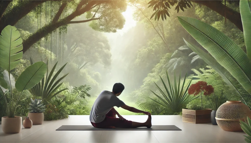 An individual practicing yoga or stretching exercises in a tranquil outdoor setting surrounded by lush greenery and soft natural light, promoting muscle recovery and flexibility.