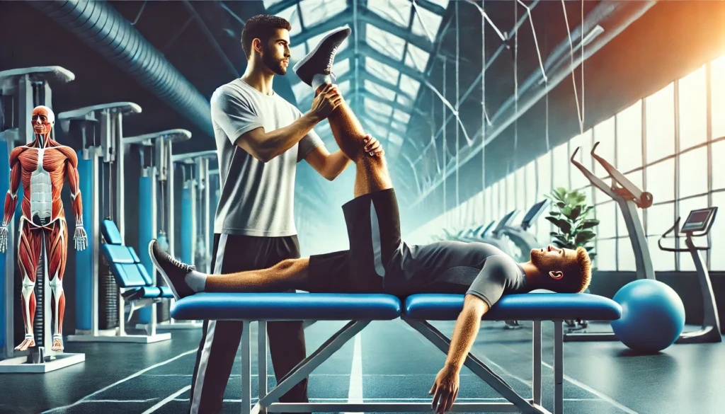 A high-resolution digital painting of a professional sports therapist stretching the leg of a muscular athlete on a treatment table in a rehabilitation center. The bright and modern setting highlights the importance of hands-on therapy in facilitating muscle recovery and regeneration.