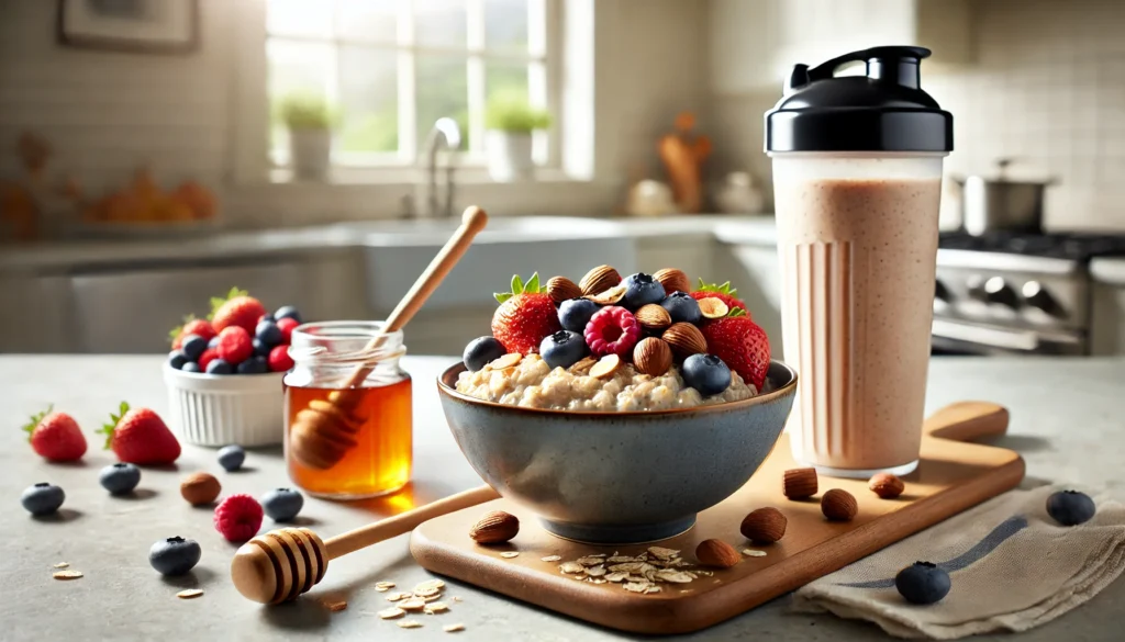 A balanced pre-workout meal featuring oatmeal topped with fresh berries, nuts, and honey, served alongside a protein shake in a bright kitchen with natural lighting, creating a fresh and energizing atmosphere.