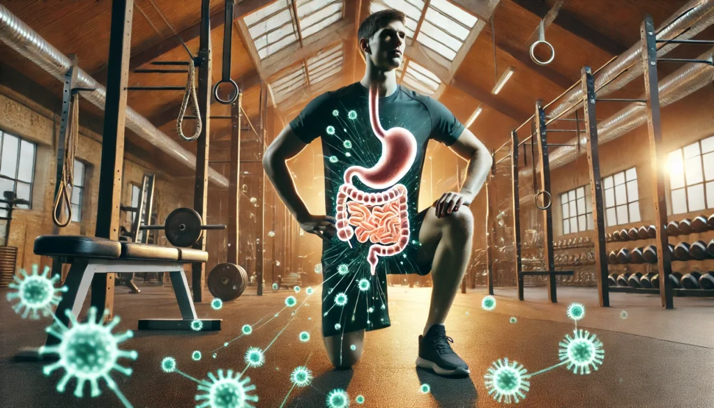 An athlete stretching in a gym, surrounded by a subtle, glowing visualization of gut bacteria and microbiome activity. The bacteria appear as a soft, bioluminescent aura around the midsection, symbolizing the relationship between gut health, fiber intake, and athletic recovery. The gym setting features exercise equipment and warm lighting, creating a balanced and motivating atmosphere.