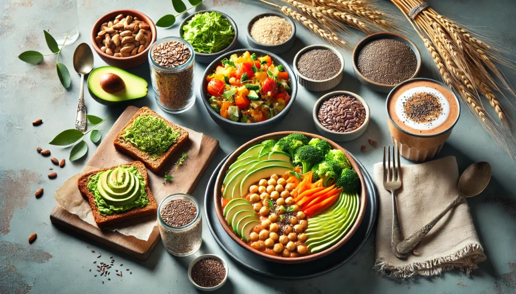 A visually appealing display of a fiber-rich meal plan for athletic recovery, featuring a nourishing chickpea and vegetable stew, whole grain avocado toast, and a smoothie bowl with flaxseeds and chia seeds.