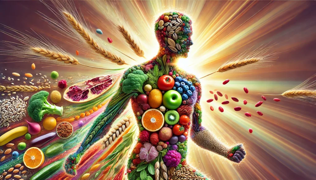 An artistic depiction of a human body silhouette composed of whole grains, fruits, and vegetables, radiating energy and vitality, symbolizing the power of beneficial fiber in supporting athletic performance and recovery.