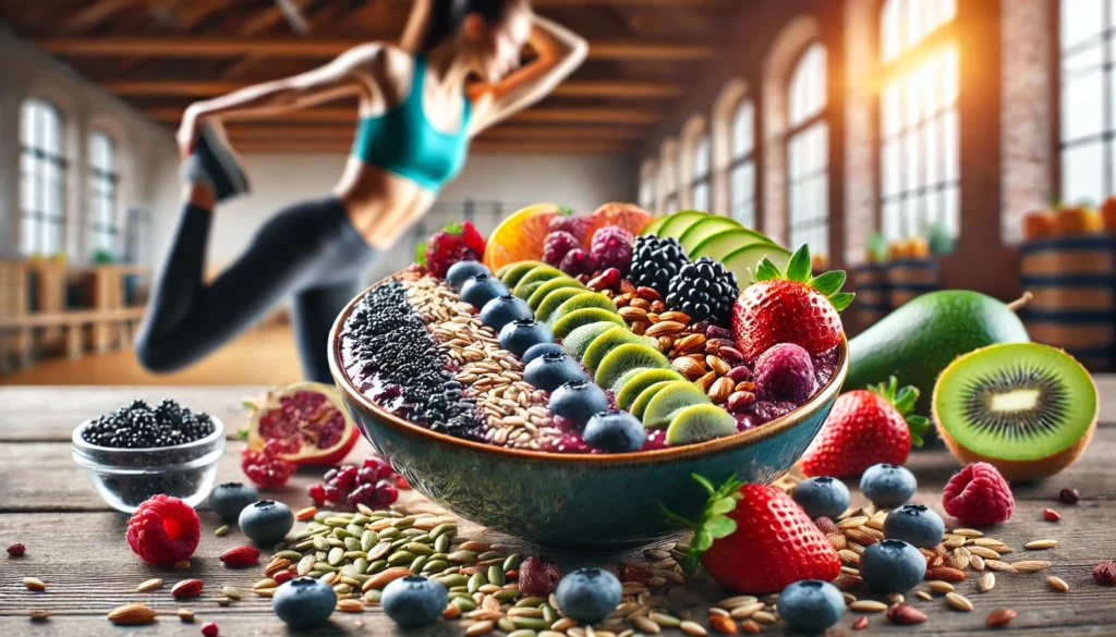 A close-up of a fiber-packed smoothie bowl with vibrant fruits, seeds, and grains, with a blurred background of an athlete stretching after a workout, showcasing fiber’s role in muscle recovery and weight management.