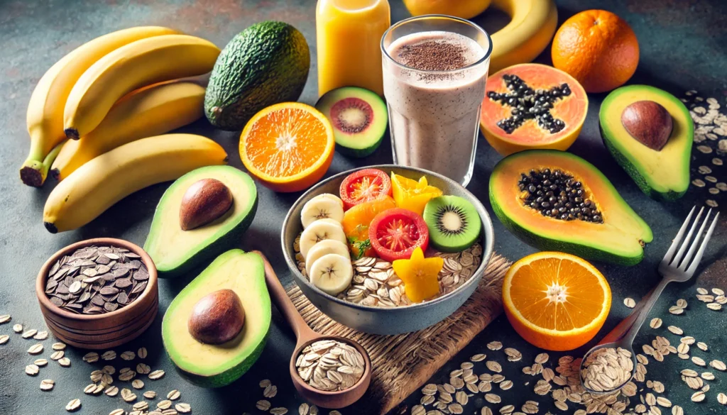 A nutritious breakfast spread featuring muscle-building fruits such as avocados, oranges, bananas, and papayas, accompanied by a protein shake and a bowl of oats, set in a fitness-focused environment.