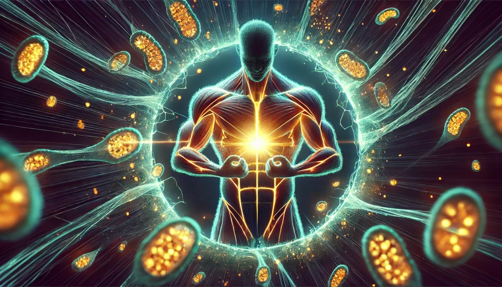 A futuristic microscopic visualization of muscle regeneration, showing muscle fibers repairing and strengthening after exercise. The glowing effect highlights the impact of fiber supplements on athletic recovery.