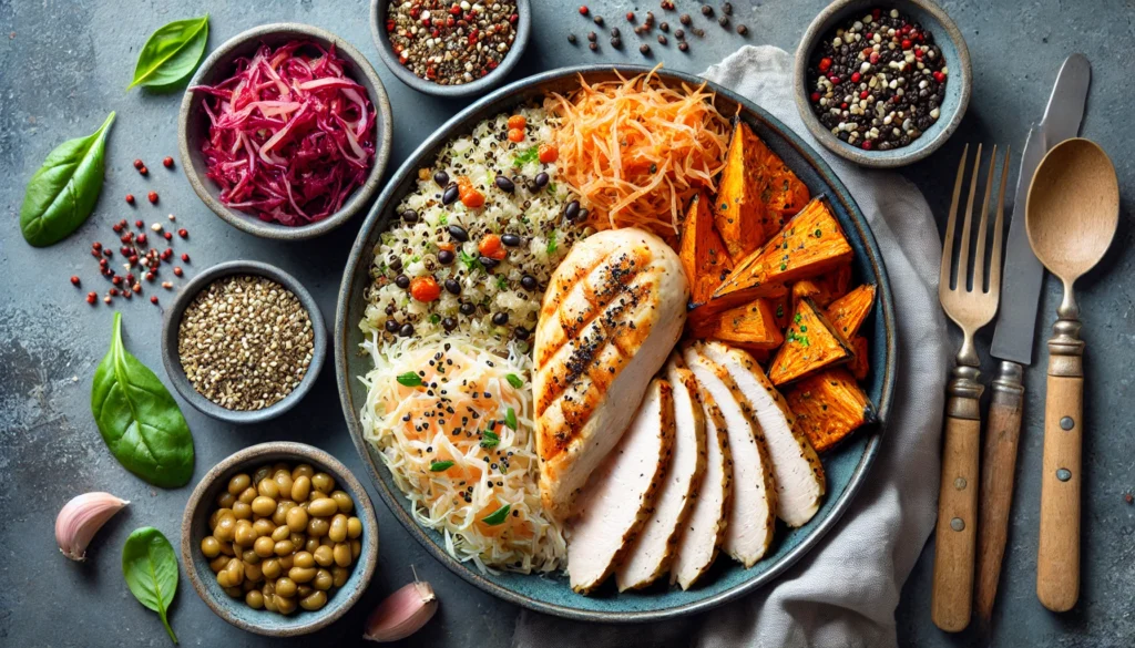 A top-down view of a nutritious post-workout meal featuring lean chicken, quinoa, roasted sweet potatoes, and a side of gut-friendly sauerkraut, beautifully arranged to showcase a well-balanced diet for digestion and muscle recovery.