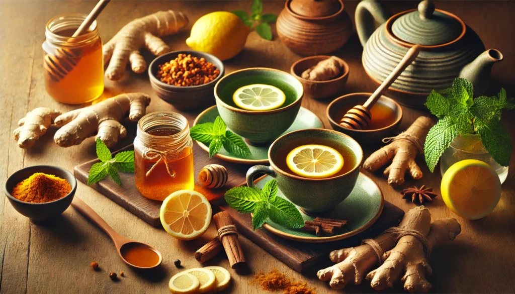 An inviting selection of gut-healing herbal teas, including turmeric tea with lemon, ginger tea with honey, and green tea with fresh mint, accompanied by ginger roots, cinnamon sticks, and whole turmeric on a wooden surface.