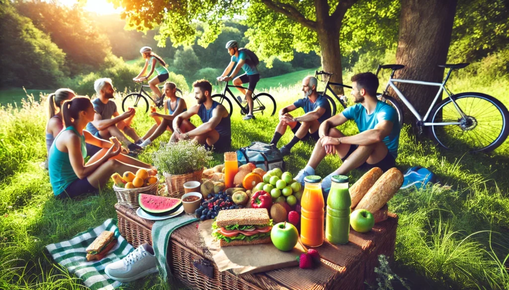 A scenic outdoor gathering of athletes enjoying a fiber-rich picnic in a lush green park, sharing whole-grain sandwiches, fresh fruit, and smoothies, emphasizing fiber's role in energy and recovery.