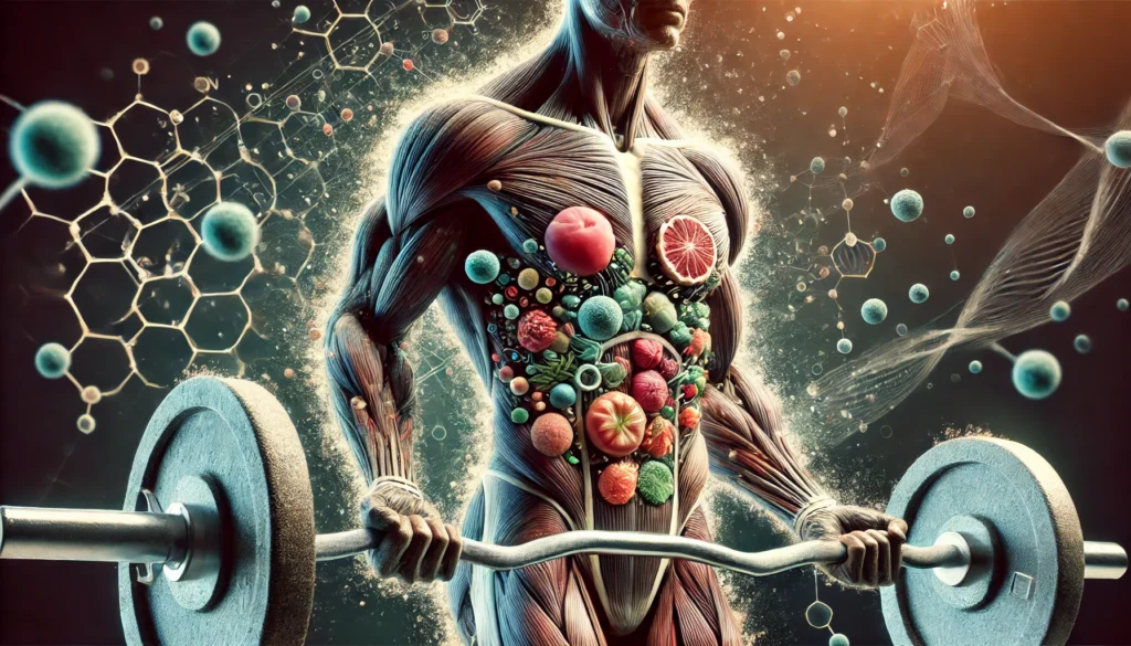 An artistic depiction of muscular arms lifting weights, with water molecules and fiber-rich food particles blending into the muscles, symbolizing hydration, nutrient absorption, and muscle recovery.