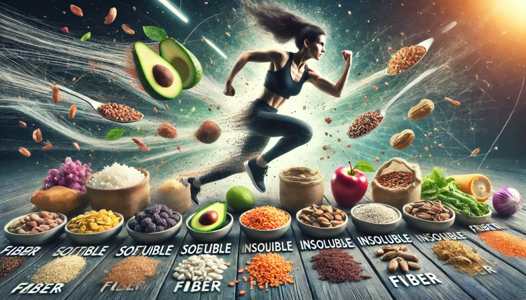 A powerful scene of an athlete mid-workout, with a table displaying fiber-rich foods categorized into soluble and insoluble fiber sources, emphasizing their role in sustained energy and muscle recovery.