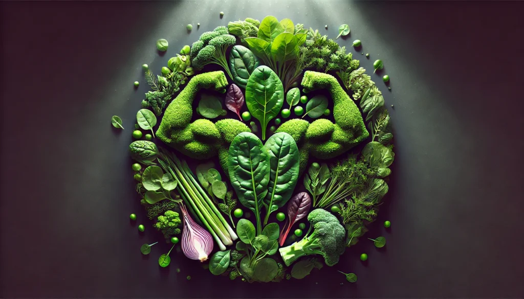 A beautifully arranged circular pattern of spinach, kale, watercress, and arugula, with strong lighting emphasizing their textures and colors, symbolizing the power of plant-based nutrition for muscle recovery.