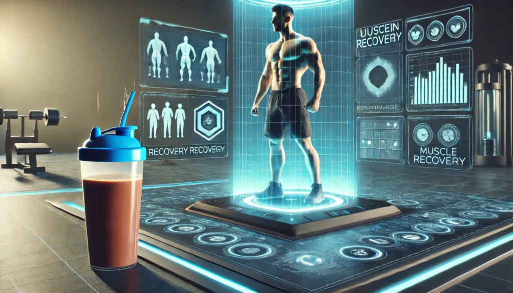 "A futuristic fitness lab with a muscular athlete being analyzed by advanced recovery technology, featuring a holographic muscle growth display and a protein shake on a high-tech table."